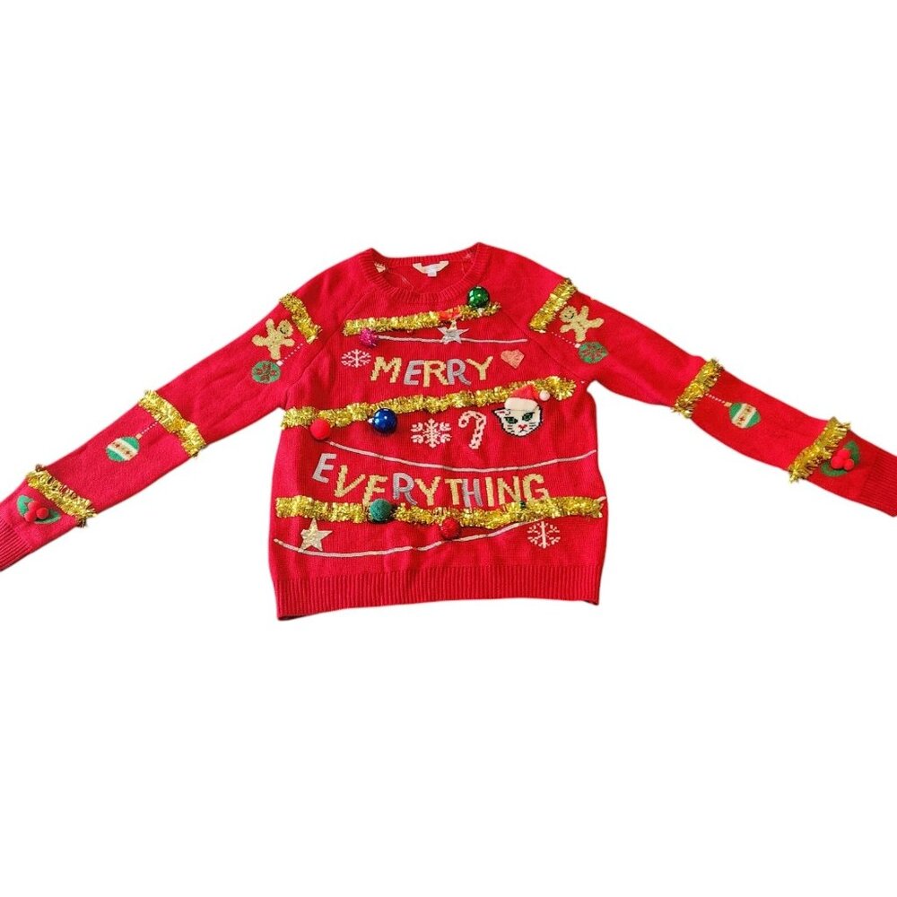 Red Merry Everything Christmas Holiday Sweater‎ Decorative Womens Juniors XL EUC